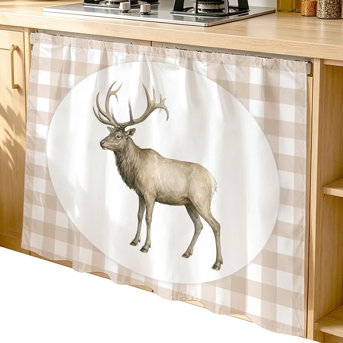 Majestic Buck Cabinet Dishwasher Hidden Curtains, Privacy Closet Door Curtain, Modern Natural Buck Rustic Farmhouse Plaid Adhesive Dust Proof Under Sink Skirt for Bathroom Kitchen 35"x35"