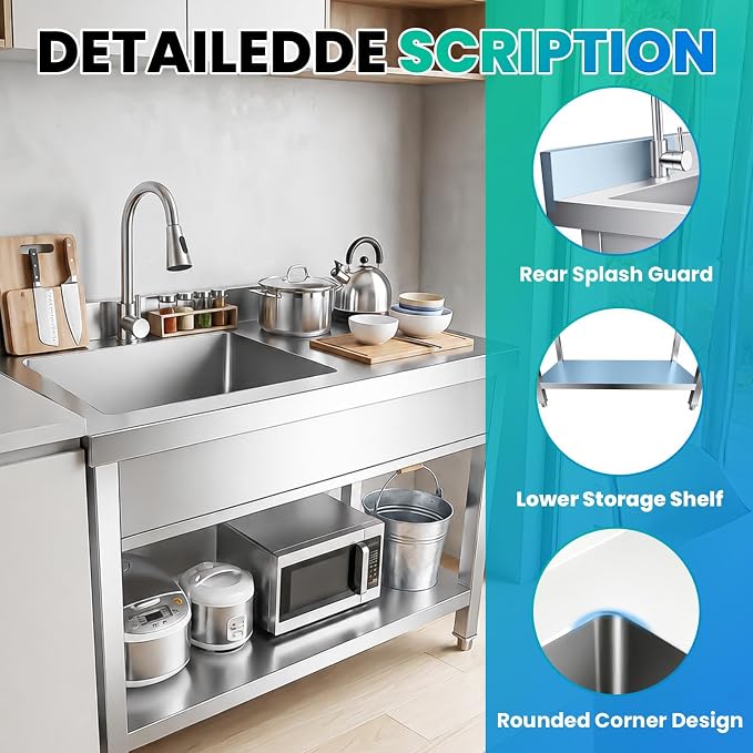 Multi-Use Utility Sink, 304 Stainless Freestanding Sink | All-in-one wash & storage design, suitable for backyards, farms, salons and pet grooming stations.