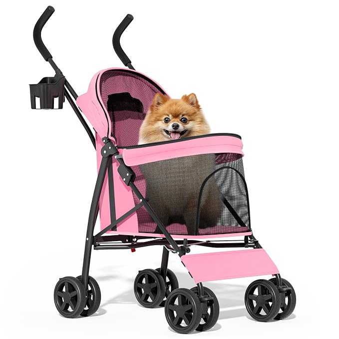 MoNiBloom Pet Stroller for Small/Medium Dogs and Cats up to 22 lbs, Pink | Foladble 4 Wheels Easy-Fold Puppy Cage Jogger Stroller with Sun Cover, Pad and Rear Storage Bag, Breathable and Visible Mesh