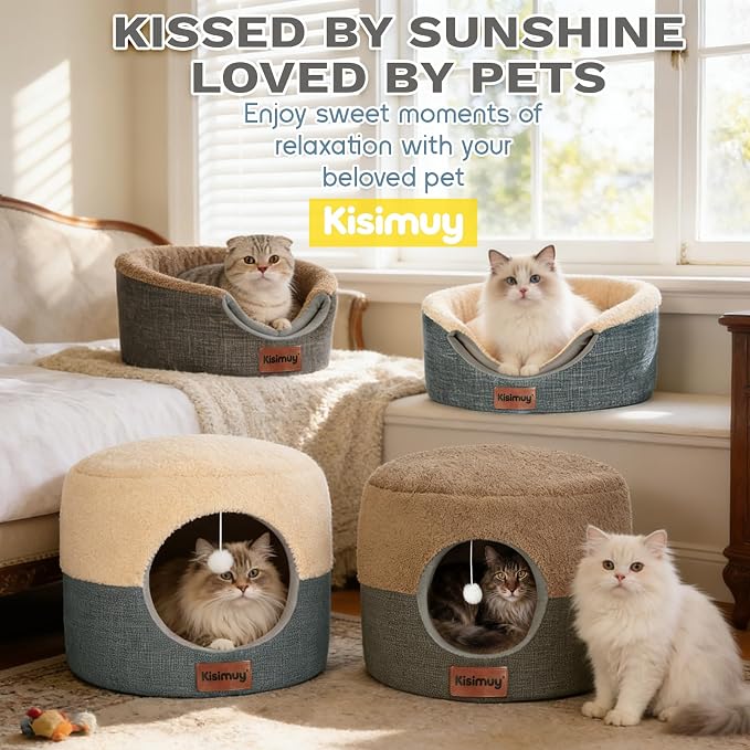 2-in-1 Foldable Cat Bed for Indoor Cats, Cat Cave & Sofa Bed | 17.7"D x 13.8"H, Reversible Plush & Linen Cushion,Enclosed Cat Bed, Hanging Cat Toys, Non-Slip, Small Dog Bed, Grey