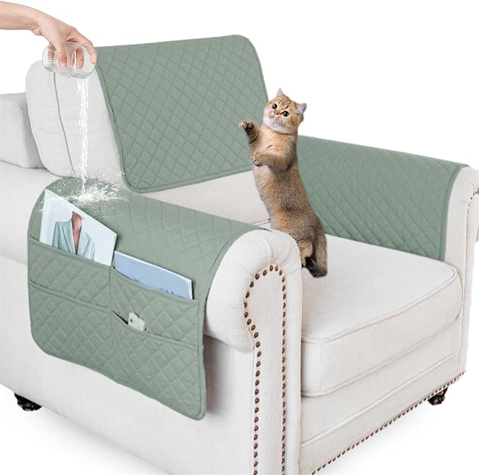 Large Polyester Armrest and Headrest Covers with 2 Pockets | Soft, smooth polyester resists daily wear nonslip silicone backing helps shield recliners and sofas from pet scratches