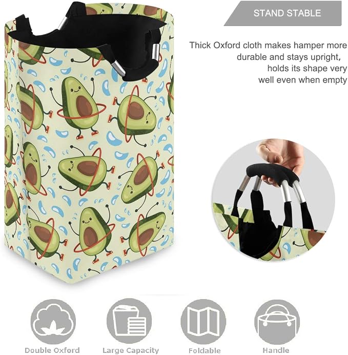 visesunny Collapsible Laundry Basket Funny Avocado Cartoon Character Large Laundry Hamper with Handle Toys and Clothing Organization for Bathroom, Bedroom, Home, Dorm, Travel