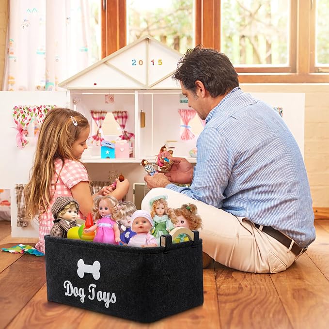 Totority Pet Toy Basket Felt Storage Bin with Handles 15.35 X 10.62 X 7.08 in Organizer Container for Dog Toys Accessories Kids Toys Home Bedroom Living Room