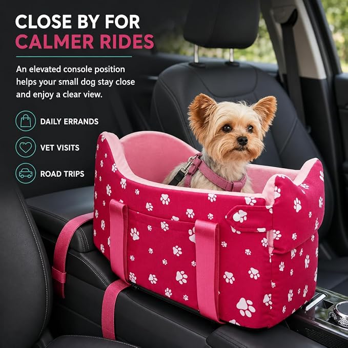 Center Console Dog Car Seat for Small Dogs Under 15 lbs - Detachable Washable Carrier with Safety Belt & Storage Pockets, Pink