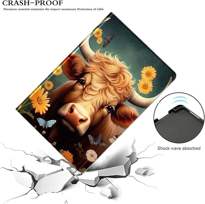 for Samsung Galaxy Tab E 9.6" Tablet Case 2015(SM-T560/T561/T565/T567),Premium Leather Folio Stand Auto Wake/Sleep,Multiple Viewing Stand,Cute Highland Cow Flowers