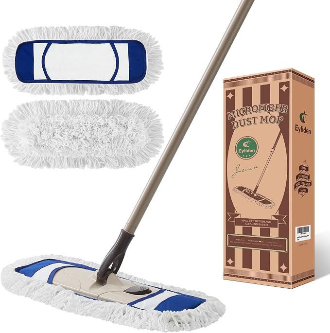 Eyliden Dust Mop, 2 Microfiber Pads, Home Commercial Cleaning, Quick Swap | 52.6" Adjustable Handle, 360° Swivel, Washable, Wet Dry Mops for Kitchen Hardwood Vinyl Tile Floor Cleaning, Push Dust Broom
