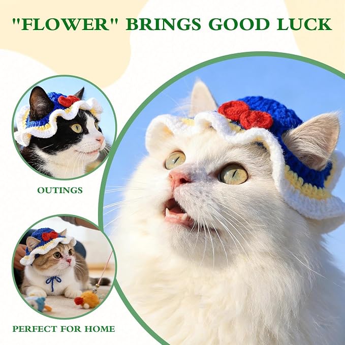 White Snow Cat Hat, Cotton & Soft Cute Knitted Hats for Cats Birthday Party Spring Puppy Hat for Small Pets (White Snow, M)