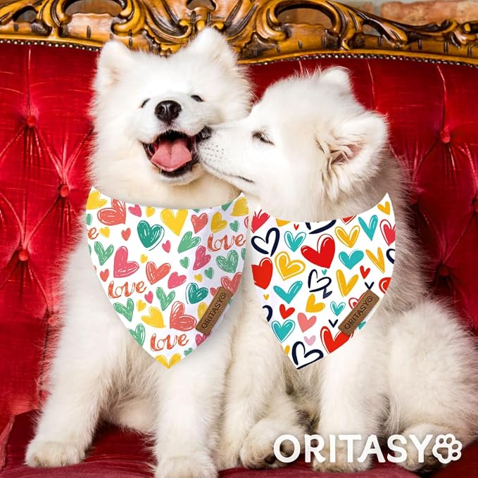 Valentines Day Dog Bandanas, 2-Pack Triangle Reversible Valentine Pet Scarves, Premium Fabric, Bandana for All Boys Girls Dogs (XL, Style 3)