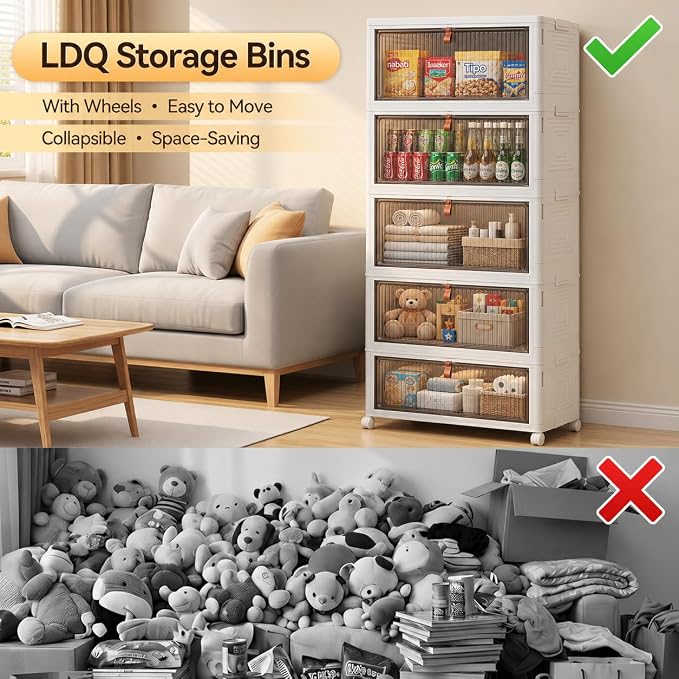 LDQ 170 Qt Large Storage Bins with Lids, 5 Tier Stackable Storage Cabinet with Wheels & Clear Doors, Foldable Plastic Closet Organizer for Bedroom, Bathroom & Kitchen
