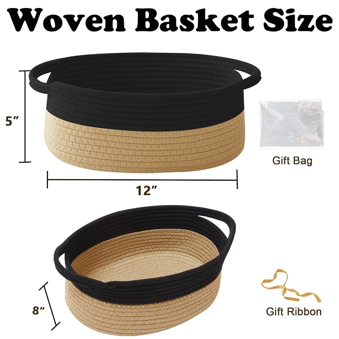 Woven Rope Basket,Baby Gift Basket with Bag & Ribbon, Black&Jute | Cotton rope with handle, 12x8x5 in, gift bag and ribbon, for baby shower, birthday, toy storage, nursery, shelf decor