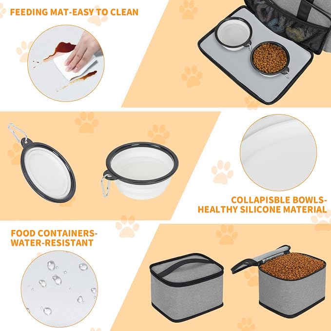 TORIBIO Large Dog Travel Bag for Supplies with Food Bowl | With 2 Food Container and Collapsible Bowls, Mat & Divider, Water-resistant, Pet Travel Kit for Weekend, Road Trips, Camping