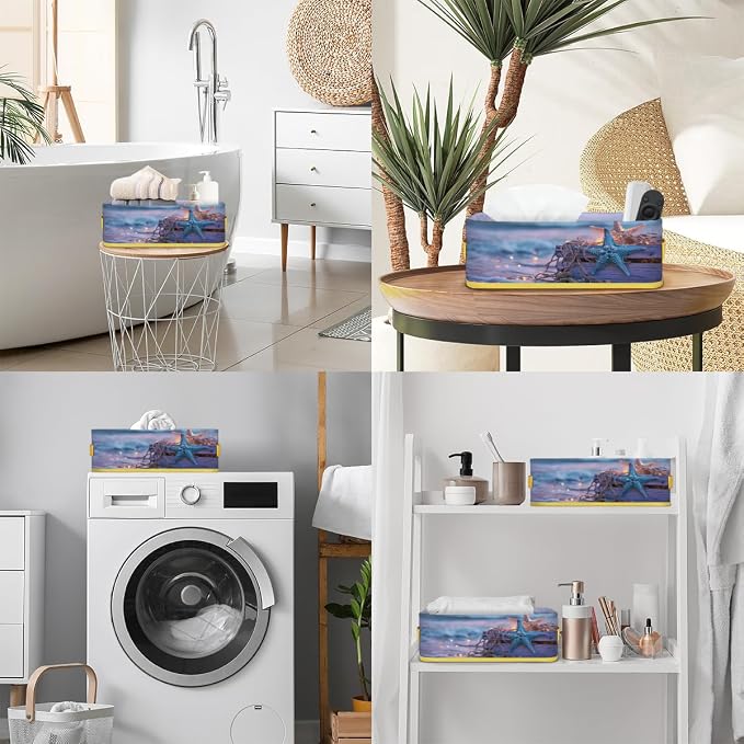 Starfish Beach Lights Bathroom Storage Basket, Foldable with Handle Open Countertop Paper Towel Decorative Box, Toilet Tank Top Shelf Baskets for Home Closet Bedroom Living Room Office