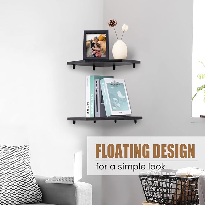 Fun Memories Corner Shelf Wall Mount, Floating Corner Shelves, Set of 4 Corner Wall Shelf Organizer, Rustic Wood Wall Storage Display Shelves for Living Room Bedroom Bathroom Kitchen, Classic Black