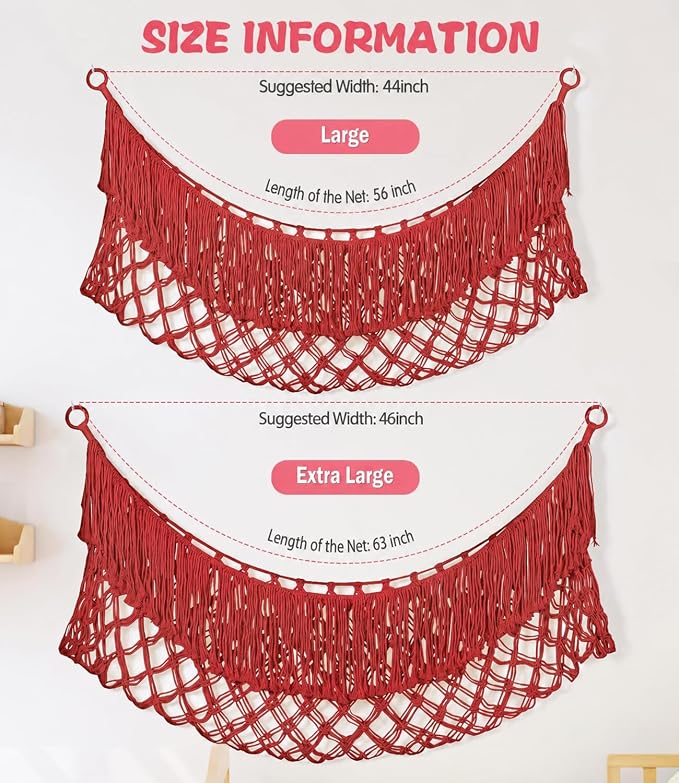 Stuffed Animal Hammock - Extra Large 63'' Long (Red) | Premium Cotton Hand-knitted, Beautiful Long Tassel, Storage Hanging Organizer, Can Fit Stuffed Animals 40 Piece or More