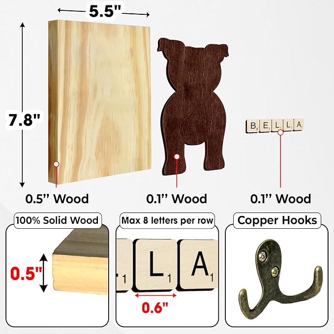 Pitbull Dog Leash Holder Wall Mount with Scrabble Letters, Wooden Dog Wall Hook Organizer, Pet Collar and Harness Hanger for Entryway, Key Hook Gift for Pet Lovers, Home Decoration PF297-55