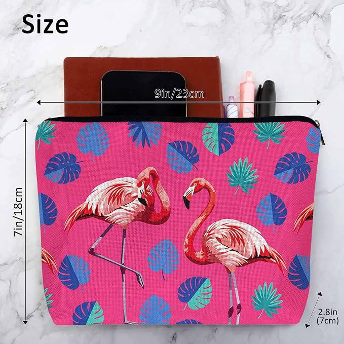 Flamingo Makeup Bag For Women, Adorable Cosmetic Pouch With Tropical Leaves Palms Pattern, Pink Zipper Travel Toiletry Organizer For Gym and Bathroom