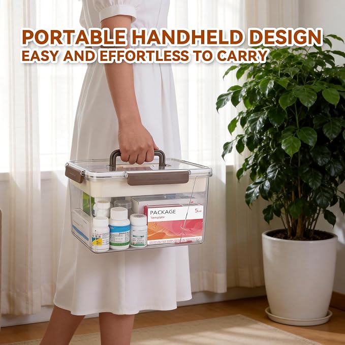 15QT Clear Medicine Storage Box, Portable Double Layer Medicine Organizer Box with Detachable Divided Tray, Clear Medicine Box for Family, Travel, Office & Dorm First Aid Medication Storage(XL)