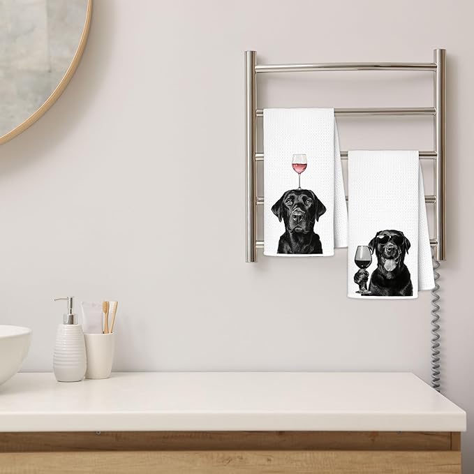 Funny Black Labrador Retriever Wine Kitchen Towels 16x24 Inch, Black Lab Gifts Decorative Hand Towels for Kitchen Home Bar, Wine Lover Gifts Dish Tea Towel Drying Cloth