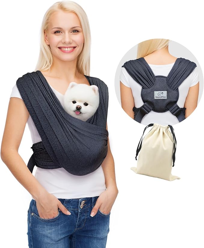 AnccoPlus Small Dog Sling Carrier, Hands-Free, Charcoal Black, Plus | Patented Front Carrier Reduces Back and Neck Strain; Adjustable, Soft Cotton, 3D Air Mesh for Puppies & Cats up to 20 lb