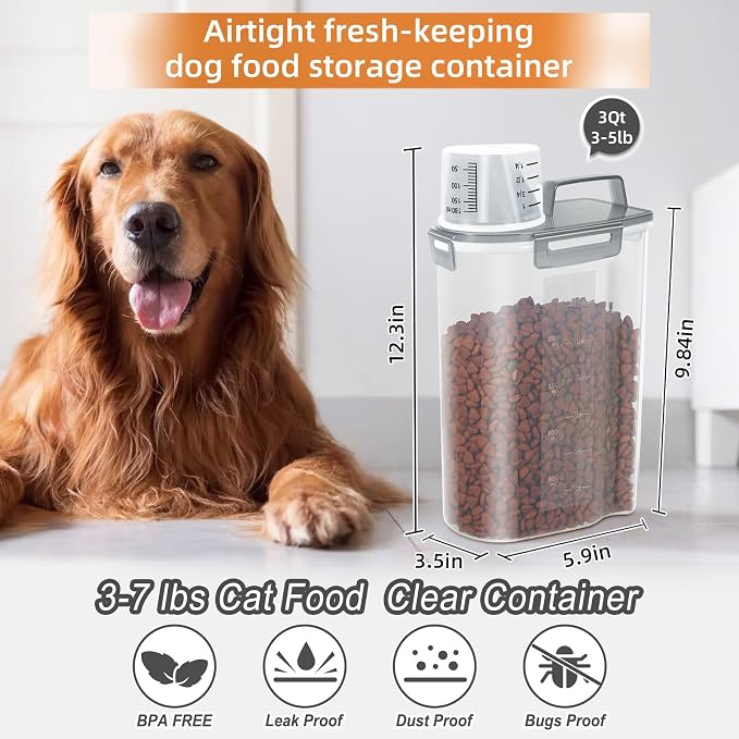 LEAWALK Airtight Small Cat Dog Pet Food Storage Containers BPA Free, with Large Pour Spout/1 Measuring Cup/ 4 Safety Locks and Double-layer Silicone Strip (Clear Grey x 2, 3L-2pack)