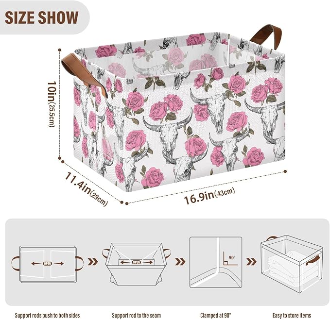 Cow Skulls and Pink Rose Flower Storage Basket Foldable Cube Storage Bins with Handles&Label Waterproof Collapsible Organizer Box Bin Large Rectangle Decorative Baskets for Shelves Home Room Laundry