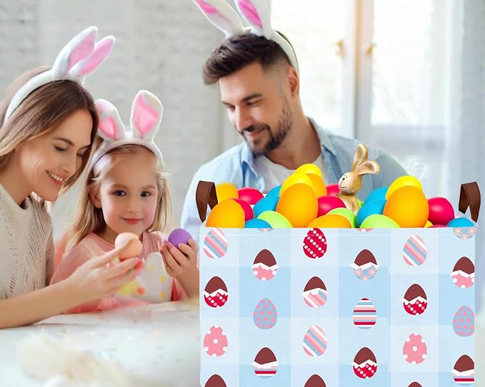 Large Rectangular Easter Baskets Empty Waterproof Boy Toy Box Foldable Kid's Gifts Storage Bin Spring Room Decor(Blue Checkered Egg)