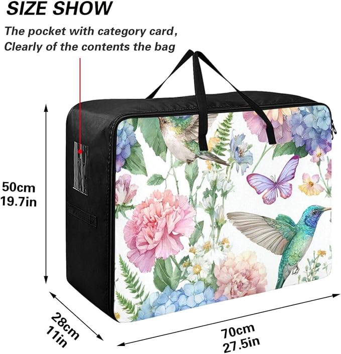 Comforter Storage Bags Large Folding Blanket Organizer Bag with Strong Handles Clear Window Closet Storage Containers for Clothes King Queen Pillows Bedding Quilt Duvet White Hydrangeas and Hum