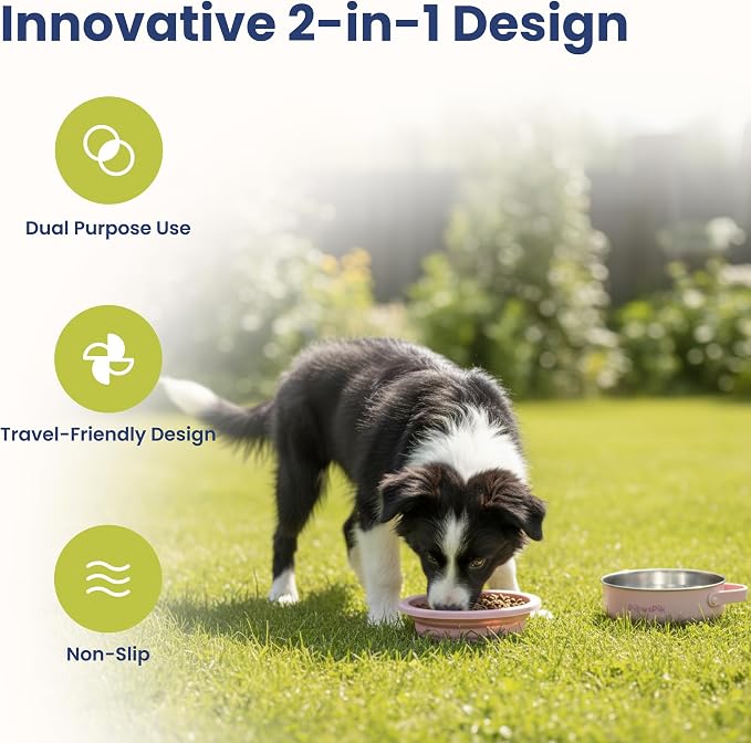 PawsPik 2-in-1 Travel Dog & Cat Bowl – Collapsible BPA-Free Silicone | 18/8 Stainless Steel, Portable & Non-Slip with Handle, Easy to Clean, Food & Water Bowl for On-the-Go Pets