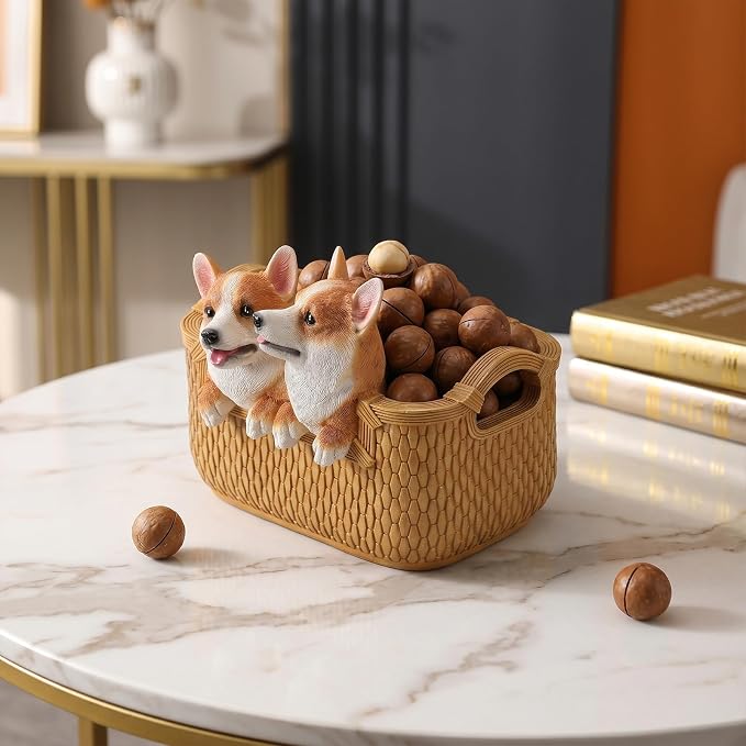 Catchall Bowl Corgi Statue - Decorative Entryway Key Holder & Candy Dish - Cute Double Dog Figurine Organizer for Desk & Room Decor - Pet Lover Housewarming Gift, Double Corgi in Basket