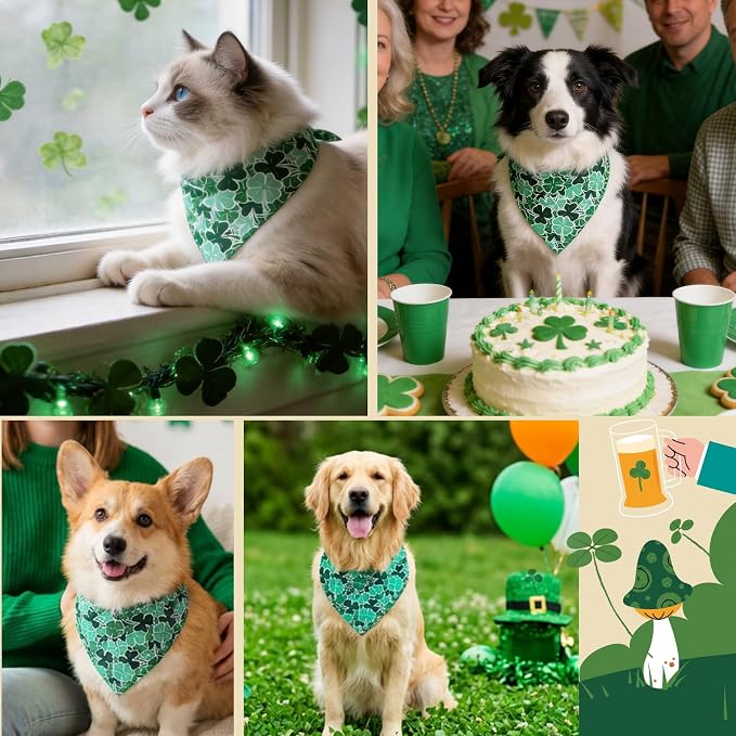 Dog Bandanas for St. Patricks Day 4 Leaves Clover - Pet Scarf with Adjustable Snap Button Cute Lucky Holiday Costumes for Irish Festivals Celebrations, Small & Medium Breeds (5-30lbs)