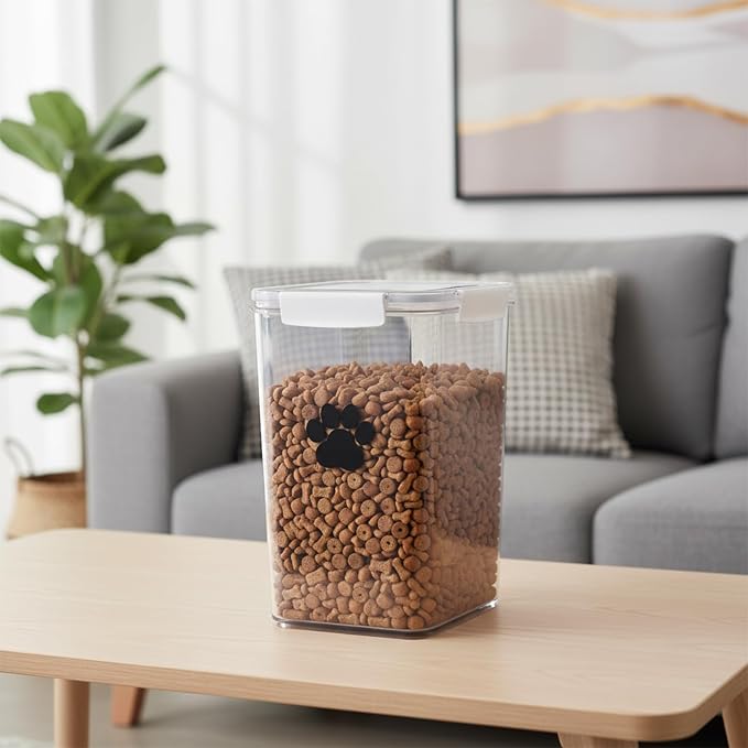 6L Dog Food Storage Container,Airtight Pet Food Storage Containers with Buckle-Lock Lids & Spoon,Plastic Cat Food Container,Dog Treat Container for Dog, Cat, Bird Seed - Bright White