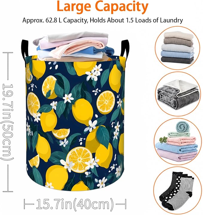 Lemon Floral Laundry Basket, Blossom Fruit Oxford Cloth Dirty Clothes Collapsible Hamper for Room Decor, Botanical Gifts, Toy Organizer 19.7 x 15.7 Inches for Bedroom Bathroom Dorm