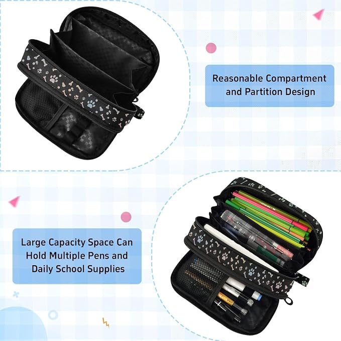Pet Paw Black pattern Large Capacity Pencil Case with Zipper Water Resistant Portable Organizer Pen Bag for Office Students School