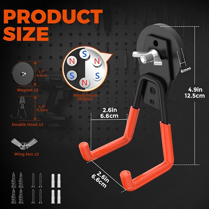 Large Strong Magnetic Hooks Heavy Duty Garage Big Magnet Hooks Extra Strength Magnetic Utility Storage Hook Hanger with Anti Slip Coating for Garden Indoor Outdoor Hanging Tools 2 Pcs Orange