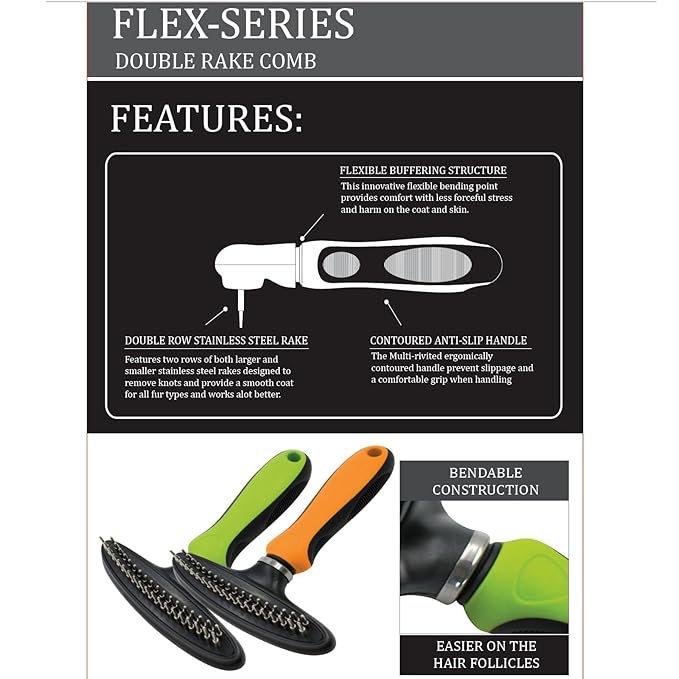Pet Life ® Flex Series Dual-Row Grooming Rake Cat and Dog Pet Comb