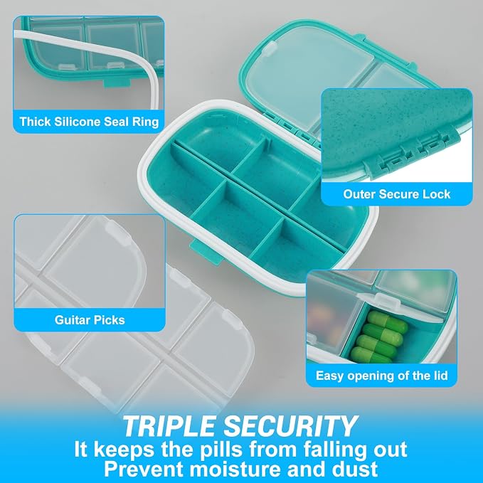 6 Pack Travel Pill Organizer 8 Compartments Portable Pill Case with Label Small Pill Container for Pocket Purse Medicine Storage Dispenser Waterproof Vitamin Holder Pill Supplement Case