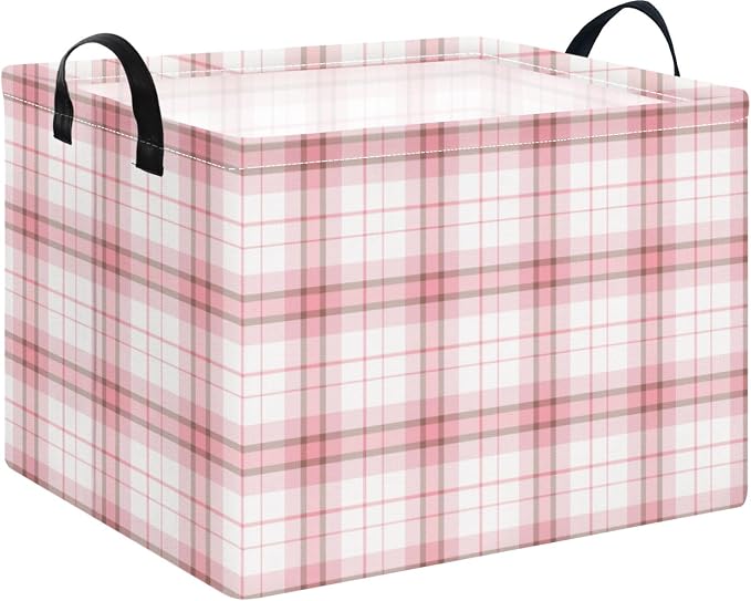 Pink Plaid Waterproof Multipurpose Foldable Storage Cift Basket with Leather Handle,Baby shower,Home,Picnic,Trunk(Pink Plaid)