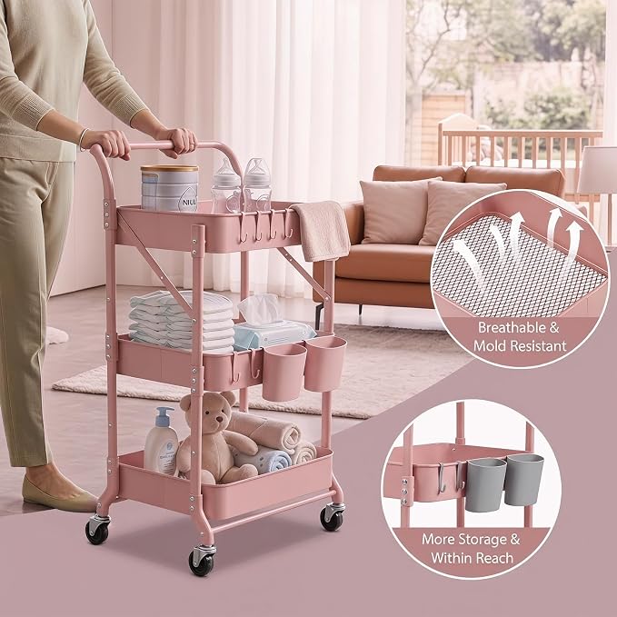 Amatic 3-Tier Folding Rolling Utility Cart with Wheels, Foldable Storage Cart Organizer with 3 Hanging Cups & 6 Hooks for Kitchen, Office, Living Room, Nursery(Pink)