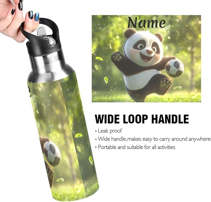 Custom Name Panda Playing Football Water Bottle with Straw Lid Kids Insulated Stainless Steel Water Flask Sports, 20 Oz Hot Cold