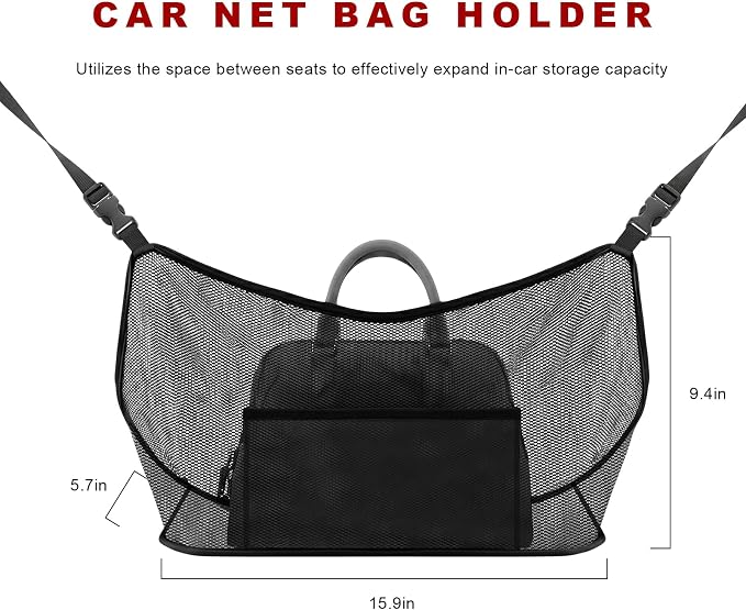 Car Net Pocket Handbag Holder, Large Capacity Mesh Bag for Console Front Seat, Barrier of Backseat Pet Storage Netting Pouch for Handbag Purse, Car Accessories for Women Men (Black)