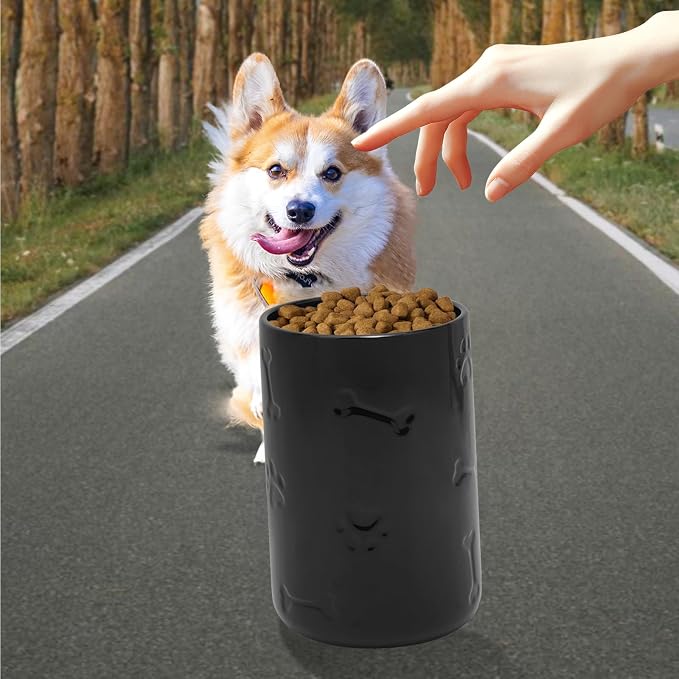 Dog Treat Container Airtight - 9"x5" Ceramic Big Treats Jar with Lid(Black) | Large Capacity Doggie Cookie Jar for Countertop, Airtight Lid Keep Food Fresh, Sturdy Durable, Cute Prints and Bone Handle