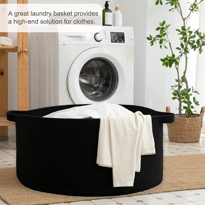 OIAHOMY 105L Extra Large Blanket Basket - Decorative Cotton Rope Storage Basket for Bedroom, Living Room & Nursery - Woven Laundry Hamper for Organizing Blankets, Clothes & Toys - Black