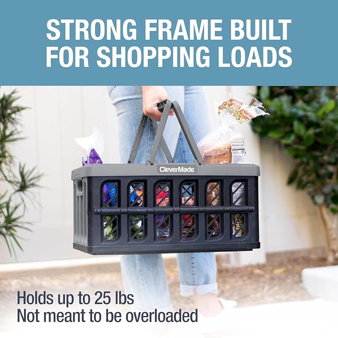 CleverMade Collapsible Shopping Basket, 24L Storage Crate, 1 Pack, Stone | Keep Groceries Upright in the Car | Rigid Walls Carry 25 lb Each, Stack Securely, and Fold to 2.25 Inches for Storage