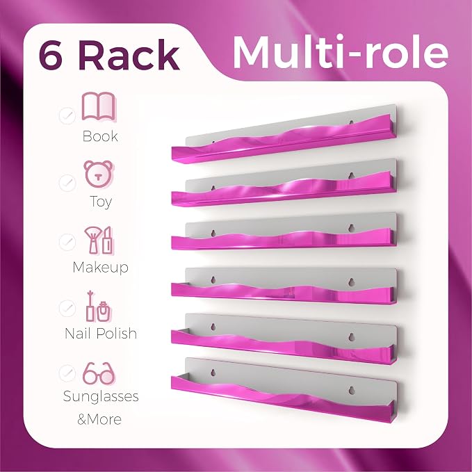 Wall-Mounted Nail Polish Organizer Rack - 15 Inch Pink Mirror Finish Nail Polish Shelf, Makeup & Beauty Essentials Storage - Multi-Purpose Display Holder for Small Space, Vanity Bathroom, 6 Pack