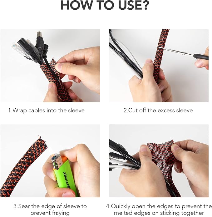AGPTEK Cable Sleeve, 10ft - 1.2 inch Cable Management Cord Hider, BlackRed | Desk Cord Cover Organizer Wire Hider for Office Computer TV Wire Loom Tubing Pet-Proof Cord Protector from Cat Dog Chewing