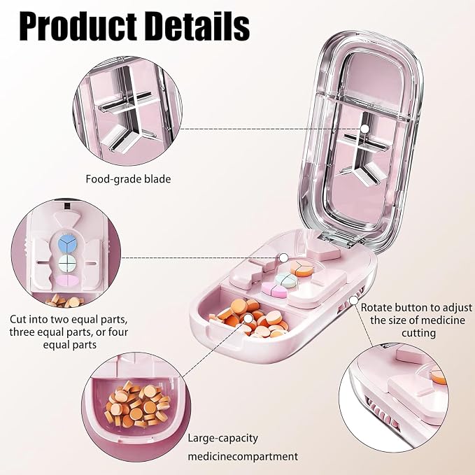 Pill Cutter Splitter for Small and Tiny Pills - Daily Pill Organizer with Professional Adjustable Cutter Splitter for Cutting Multiple Pills, Pill Case for Travel Purse Pocket (Pink)