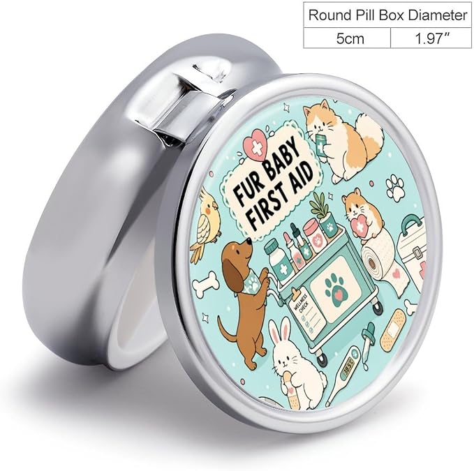 Cute Pet First Aid Essentials Round Pill Box with 3 Compartments, Portable Travel Pill Organizer with Spring Snap Closure for Vitamins Supplements Fish Oil