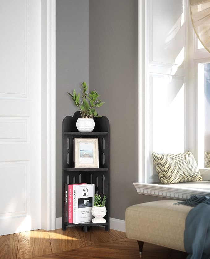 Meangood Bathroom Corner Shelf Stand, 3 Tier Solid Wood Display Shelf for Narrow Space, Shower Corner Shelf, Plant Stand Nightstand, for Living Room, Bedroom, Home Office, Elegant Black