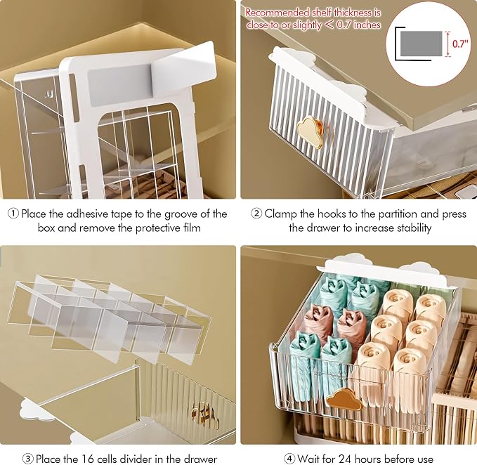 Under Shelf Drawer Pull Out Under Cabinet Storage, Clear Organizer for Closet Shelves with 16 Cells Detachable Divider, Self-Stick Under Table Drawer for Cabinet