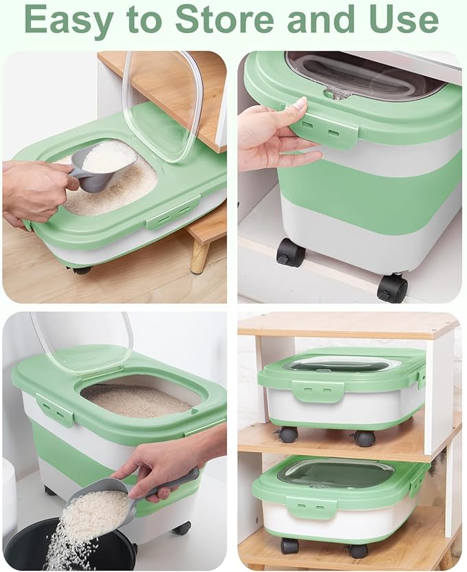 20-30 Lbs Rice Storage Container,Collapsible Food Storage Container | Flour Storage Container with Wheels Airtight Locking Lid,Cat Food Container Double Seal,Keep Fresh for Pet Food,Rice,Flour